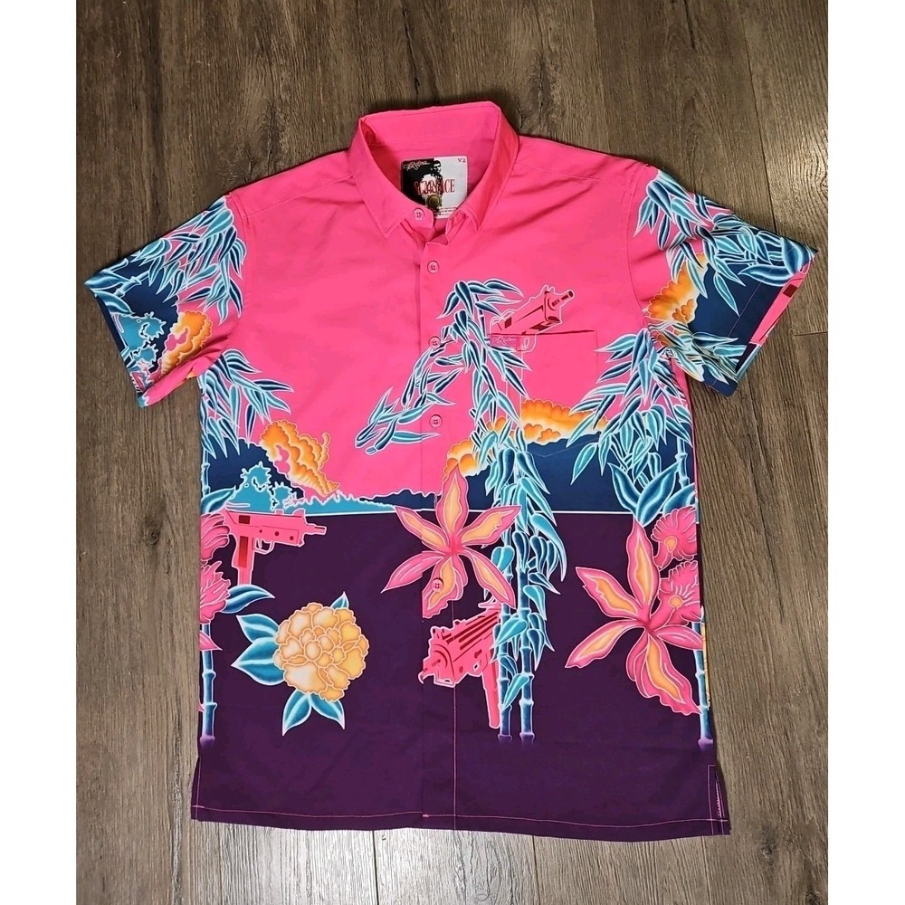 Retro Rifle Shirt Mens M Pink Button Up Scarface V2 Mac 10 Hawaiian Floral 1286